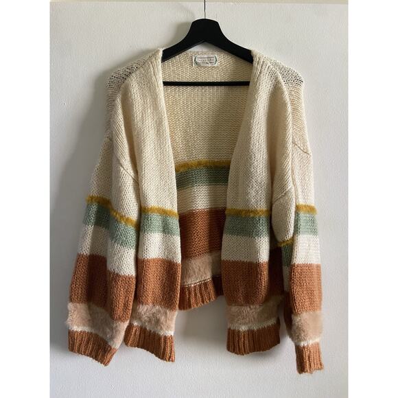 Women's Stripe Open Front Cardigan Small Cable Knit Fuzzy Boho Costal Cozy - Picture 1 of 8